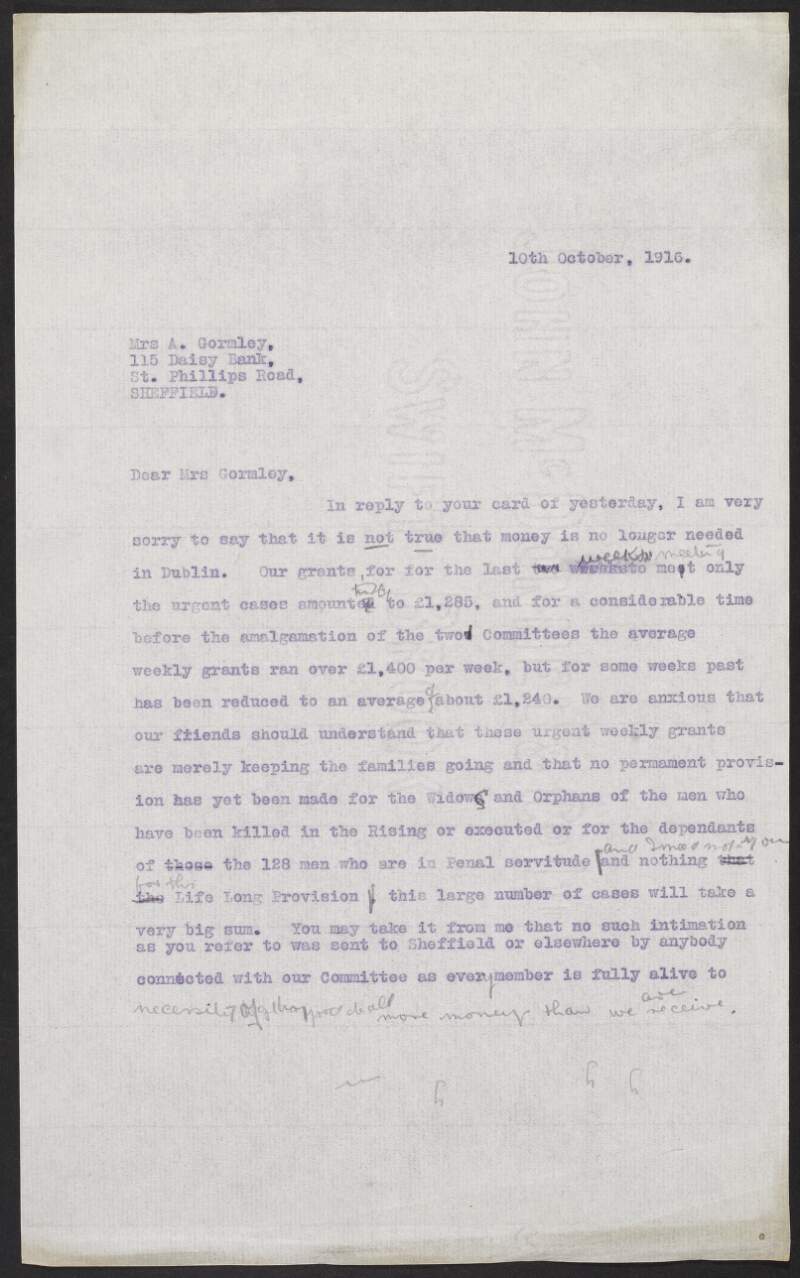 Draft typescript letter from the INAAVD to Mrs. A. Gormley regarding the need for funding in Dublin,