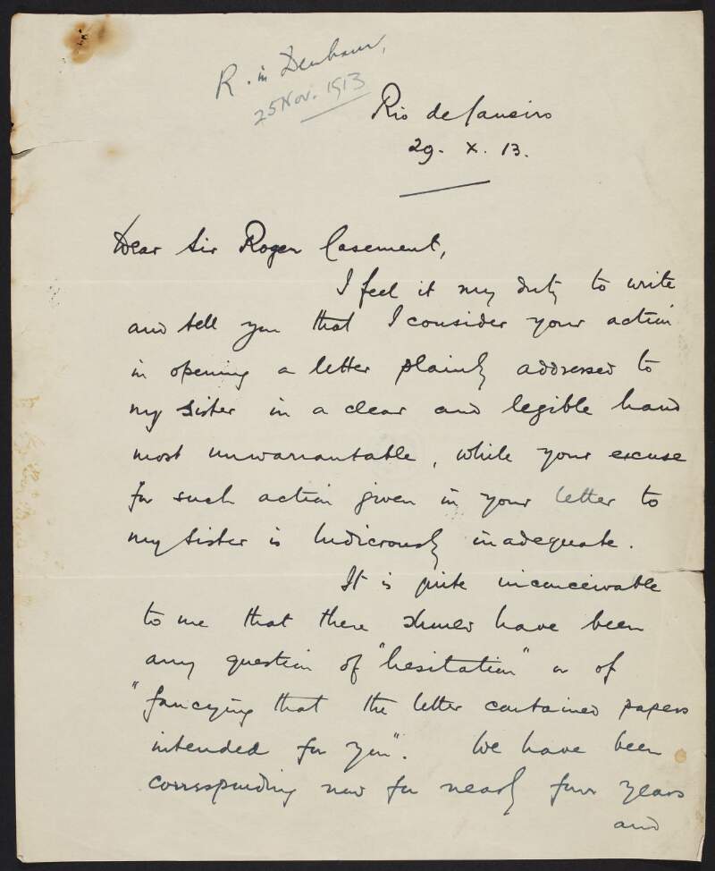 Letter from Ernest Hambloch to Roger Casement, expressing his displeasure at Casement opening a letter addressed to Hambloch's sister and readdressing it incorrectly,