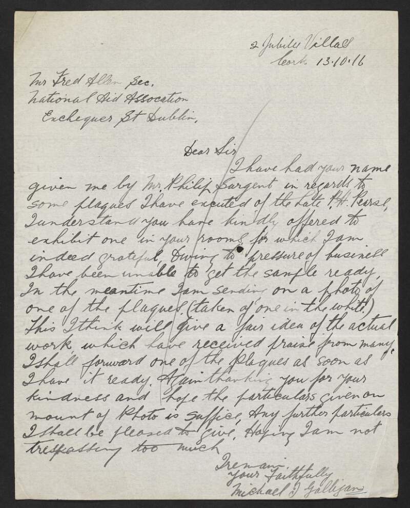 Letter from Michael J. Galligan to Frederick J. Allan regarding a plaque, made by Galligan, of Patrick Pearse,