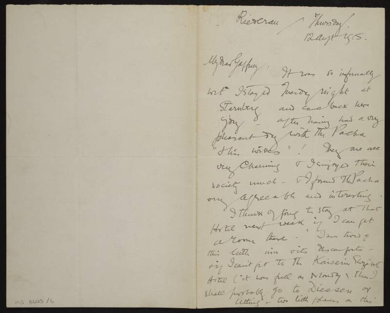 Letter from Roger Casement to Thomas St. John Gaffney regarding his travel arrangements and a meeting with "the Pacha and his wives",