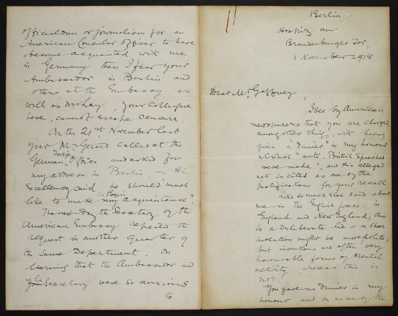 Letter from Roger Casement to Thomas St. John Gaffney regarding the charges brought against Gaffney for professional misconduct relating to Casement,