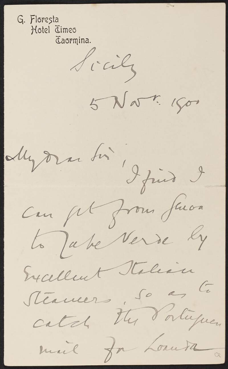 Letter from Roger Casement to Francis H. Cowper, describing his travel plans and the safest way of contacting him,