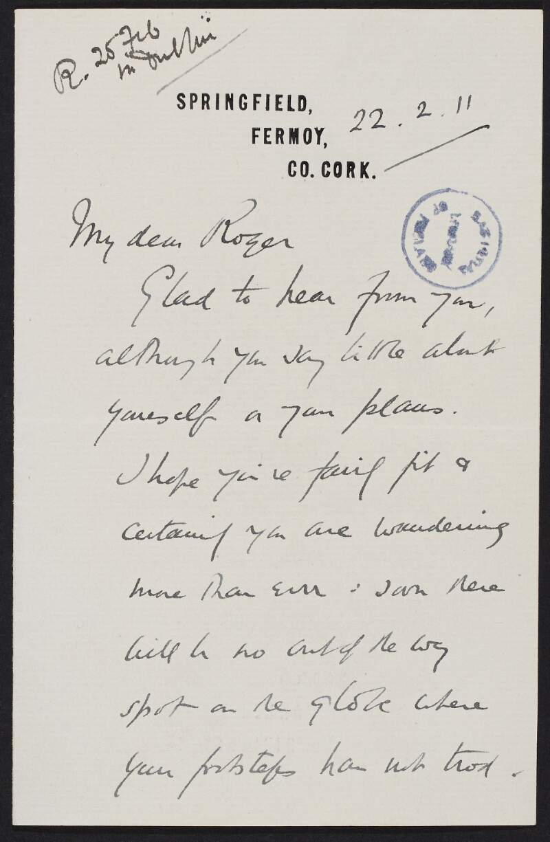 Letter from Frederick Richard Hicks to Roger Casement, discussing the well-being of his new son and his wife, and his happiness in life,