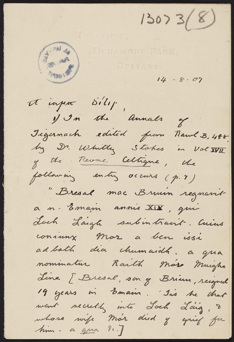 Letter from Máire Bean Artuir Hutton to Roger Casement about the particulars of the Annals of Ulster and Irish tales,