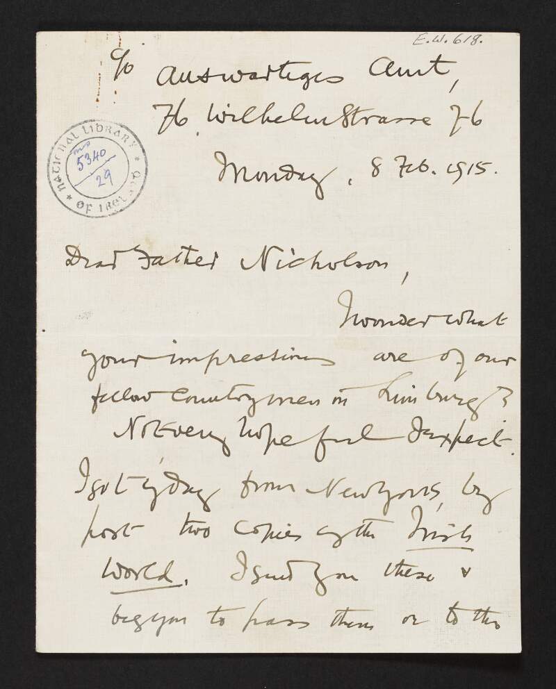 Letter from Roger Casement to Rev. John T. Nicholson regarding Irish prisoners of war at Limburg and efforts to have the "Christiania incident" published around the world,