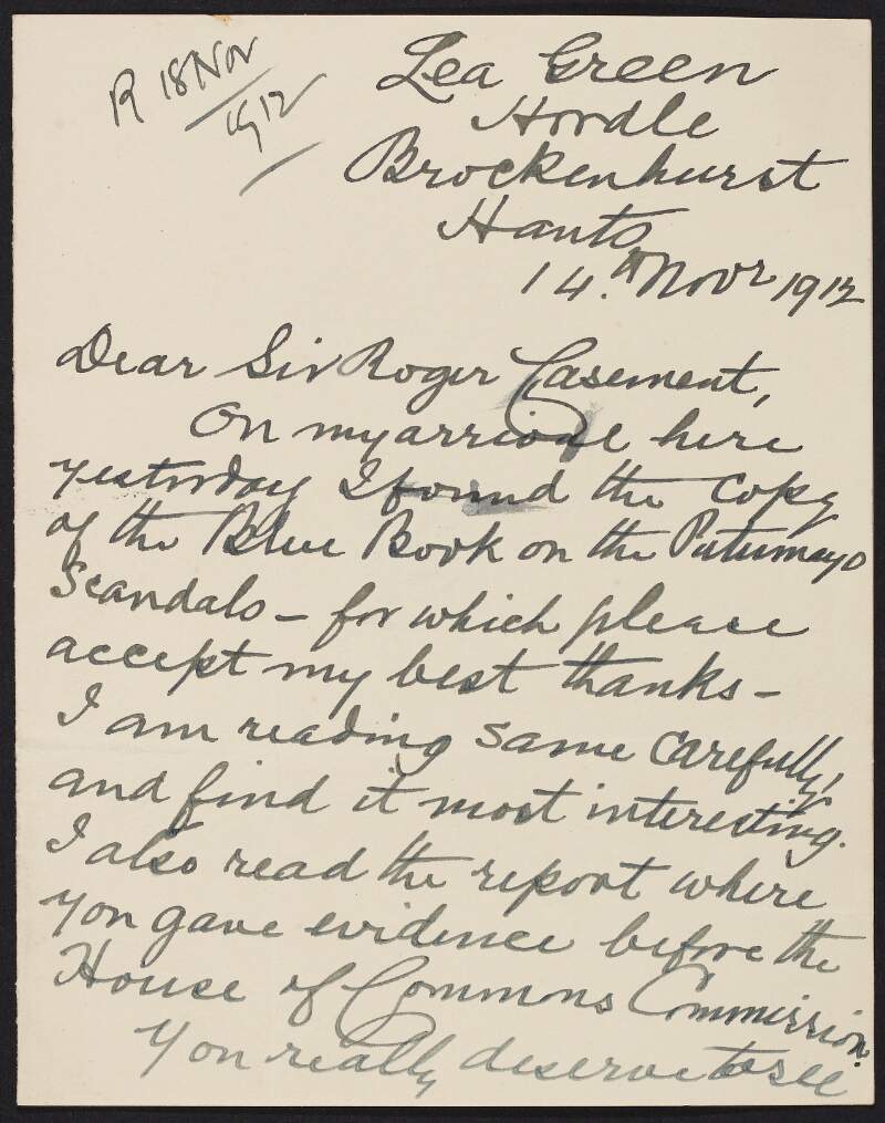 Letter from A. King Harding to Roger Casement, informing him that he received the Blue Book on the Putumayo atrocities and congratulating him for his humanitarian work,