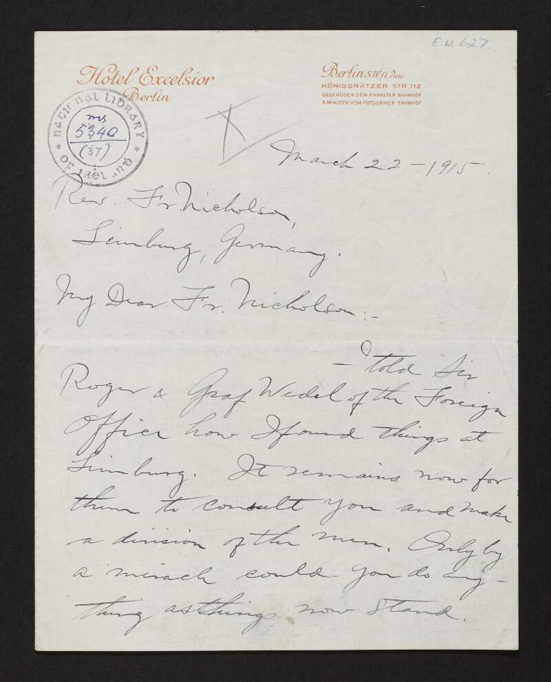 Letter from Anthony J. Brogan to Rev. John T. Nicholson regarding his visit to the Irish prisoners of war at Limburg,