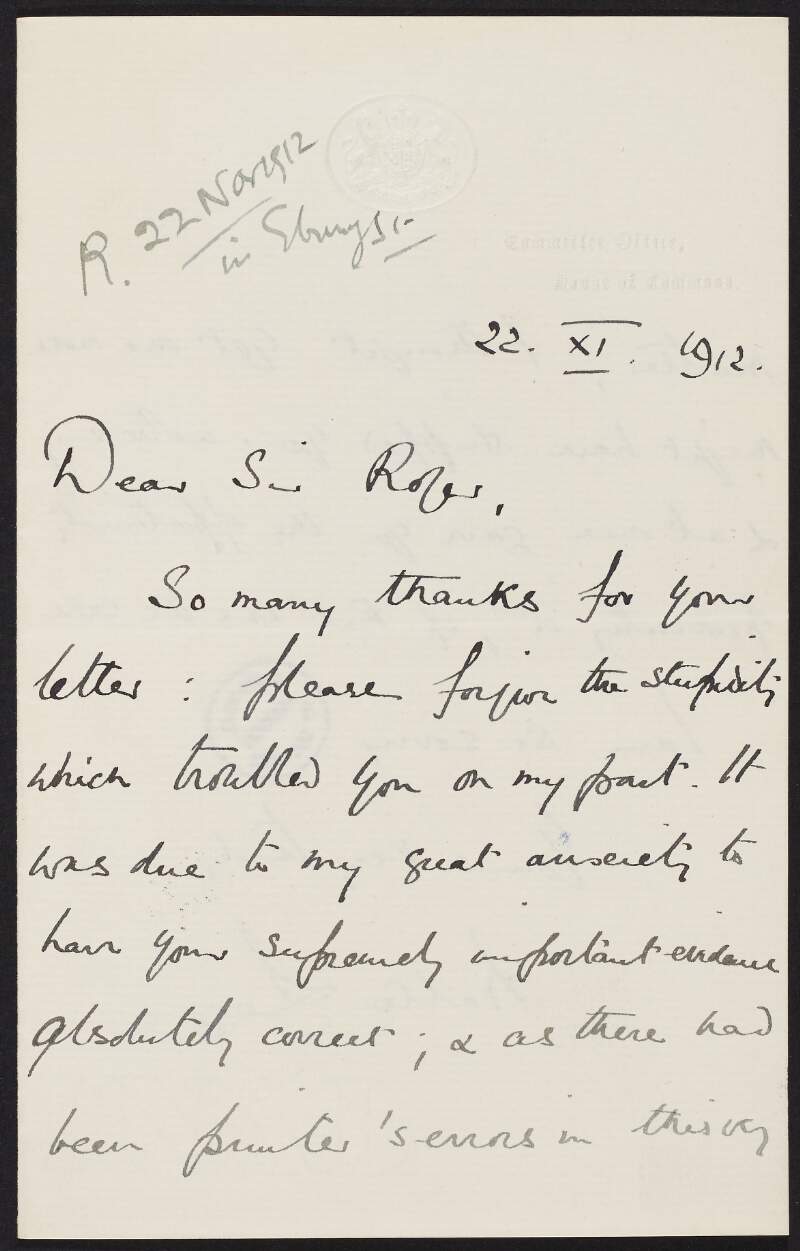 Letter from Walter Legge to Roger Casement about reconfirming details of Casement's "supremely important evidence" due to the previous printer's errors,