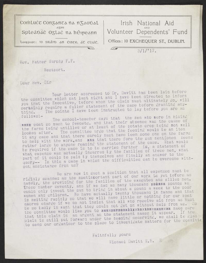 Letter from Michael Davitt, INAAVD, to Father Murphy regarding a claim for funding made to the INAAVD,