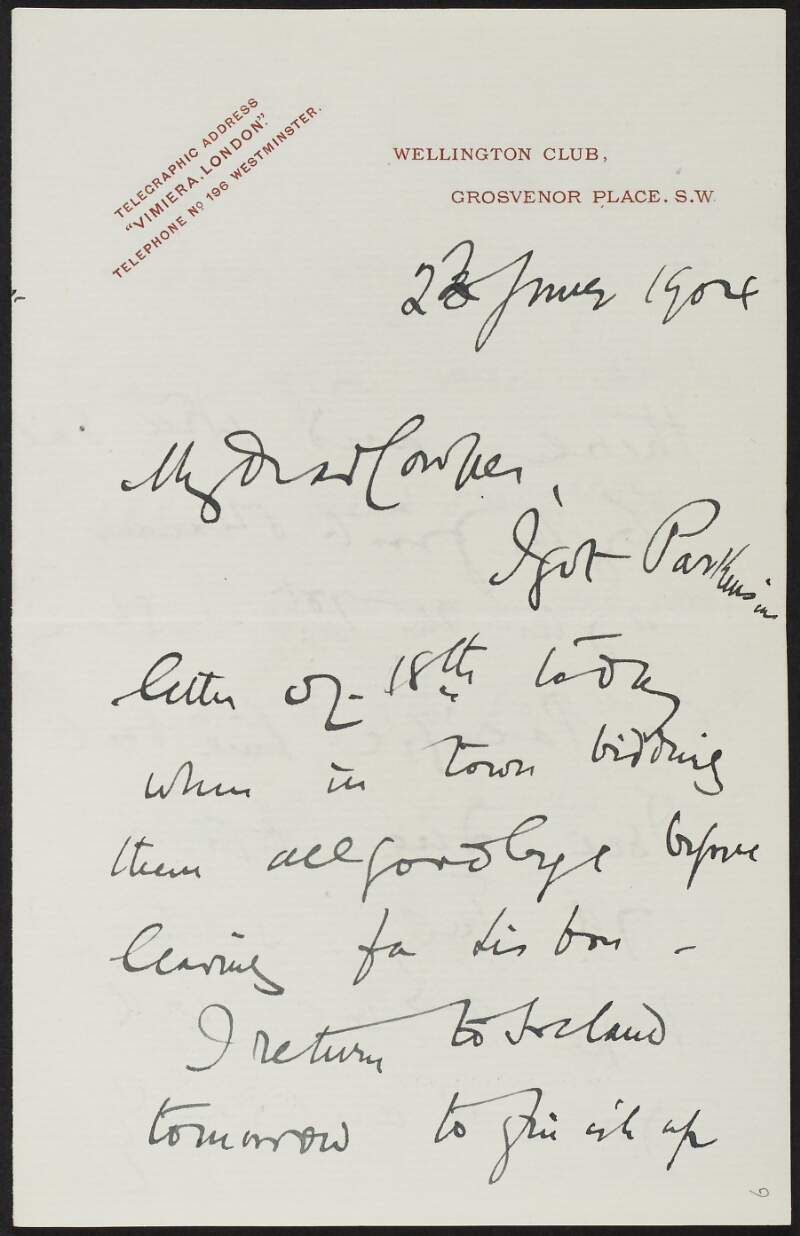 Letter from Roger Casement to Francis H. Cowper, saying he is returning to Ireland by steamer tomorrow,