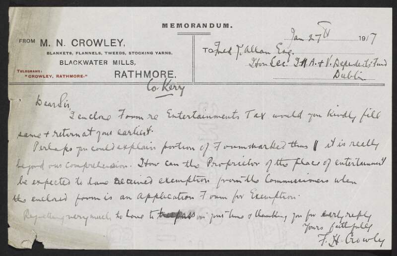 Letter from F. H. Crowley to Frederick J. Allen regarding entertainment tax,