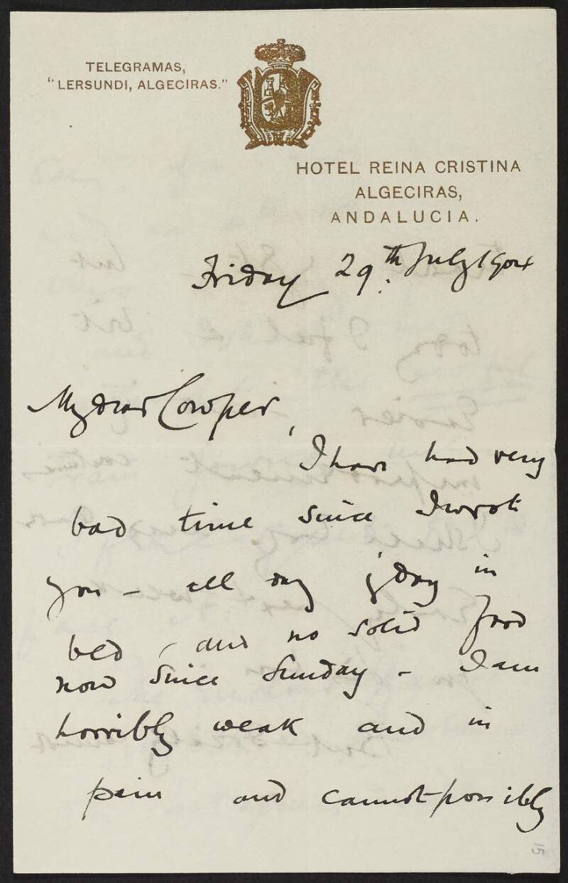Letter from Roger Casement to Francis H. Cowper about how much worse his health is since he last wrote,