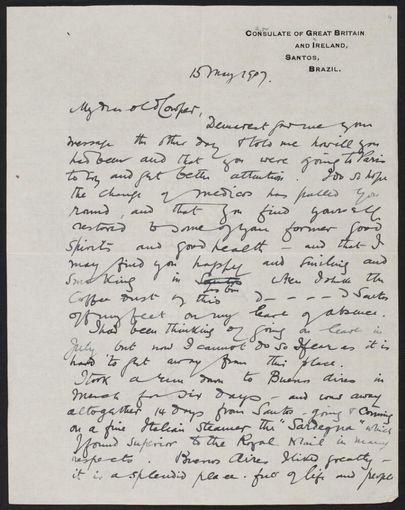 Letter from Roger Casement to Francis H. Cowper, discussing the latter's health,