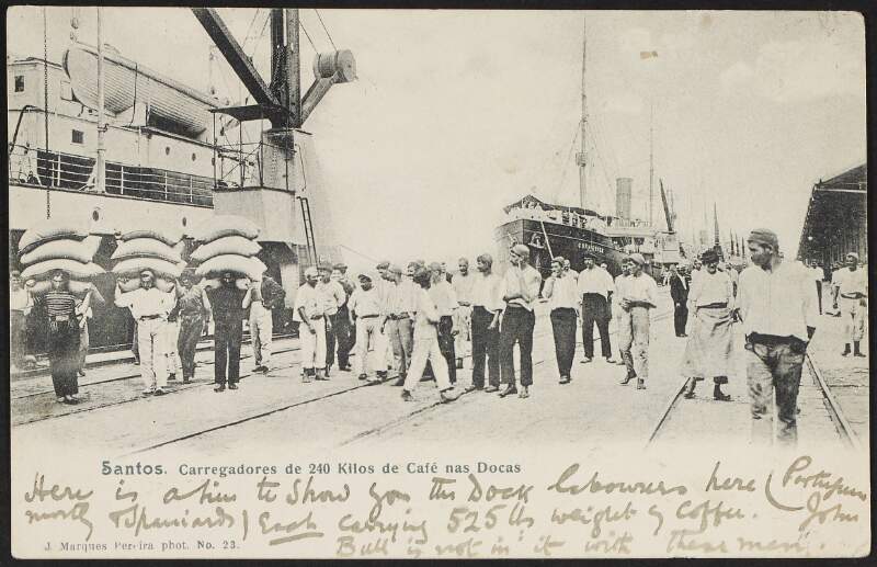 Postcard from Roger Casement to Gertrude Bannister with an image of dock labourers at work in Santos,