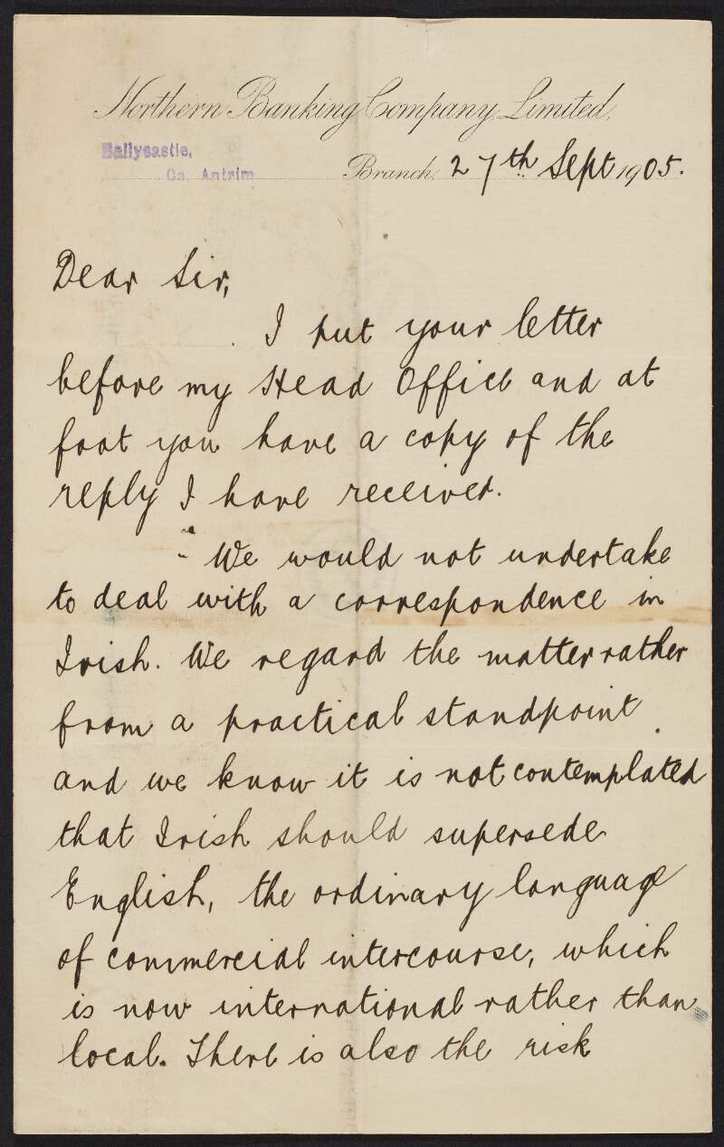 Letter from the Northern Banking Company Limited to Roger Casement, informing him that they will not deal with correspondence in Irish,