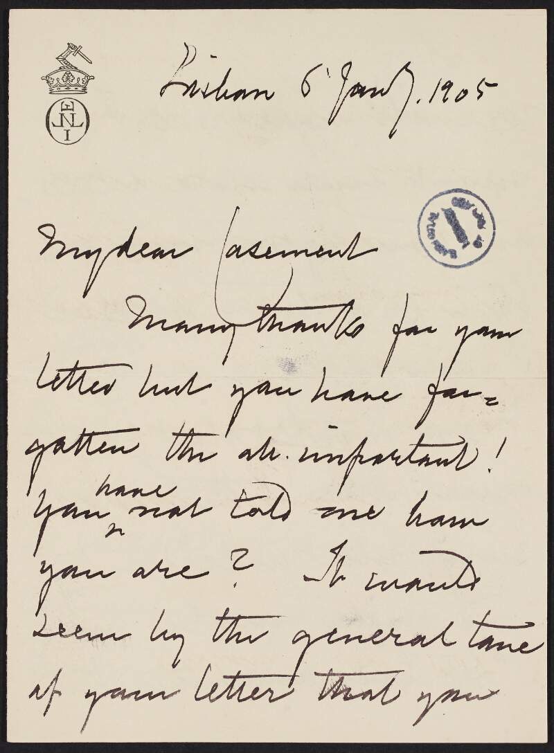 Letter from Jorge O'Neill to Roger Casement, thanking him for the letter and the poetry included, and about the weather in Lisbon,