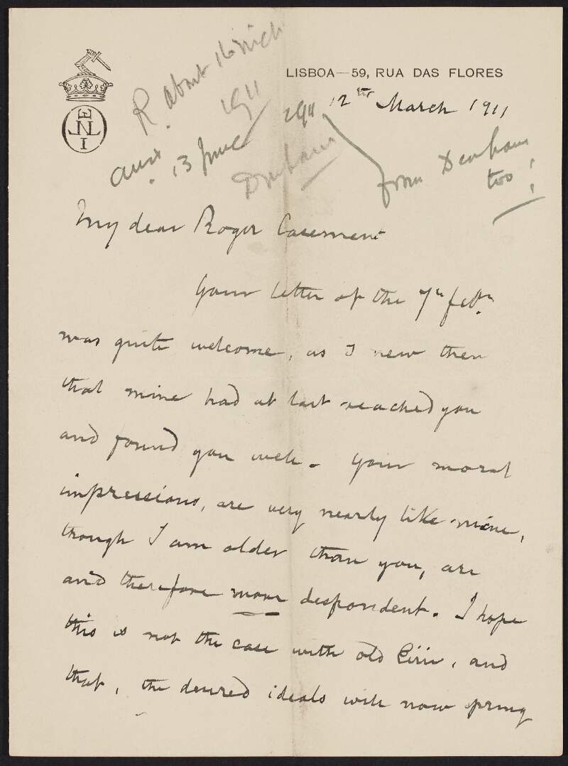 Letter from Jorge O'Neill to Roger Casement, informing him that his moral impressions are similar to his but he is more despondent, and asking about "Eirin" (Ireland),