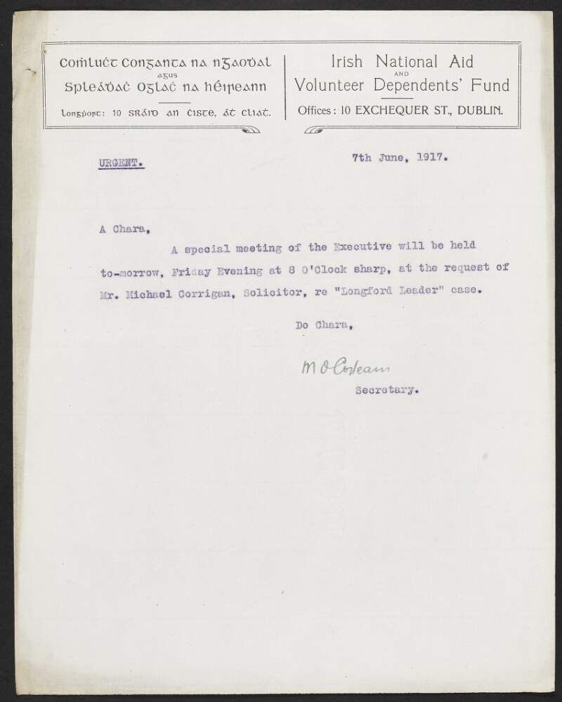 Letters from Michael Collins to members of the INAAVD regarding an article in the 'Longford Leader' accusing the INAAVD of diverting funds,