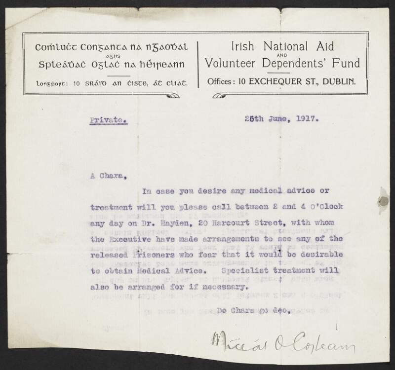 Letter from Michael Collins, INAAVD, to an unknown recipient regarding medical advice for released prisoners,