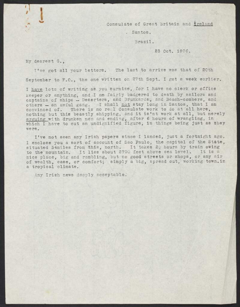 Copy letter from Roger Casement to Gertrude Bannister, complaining about life in Santos,