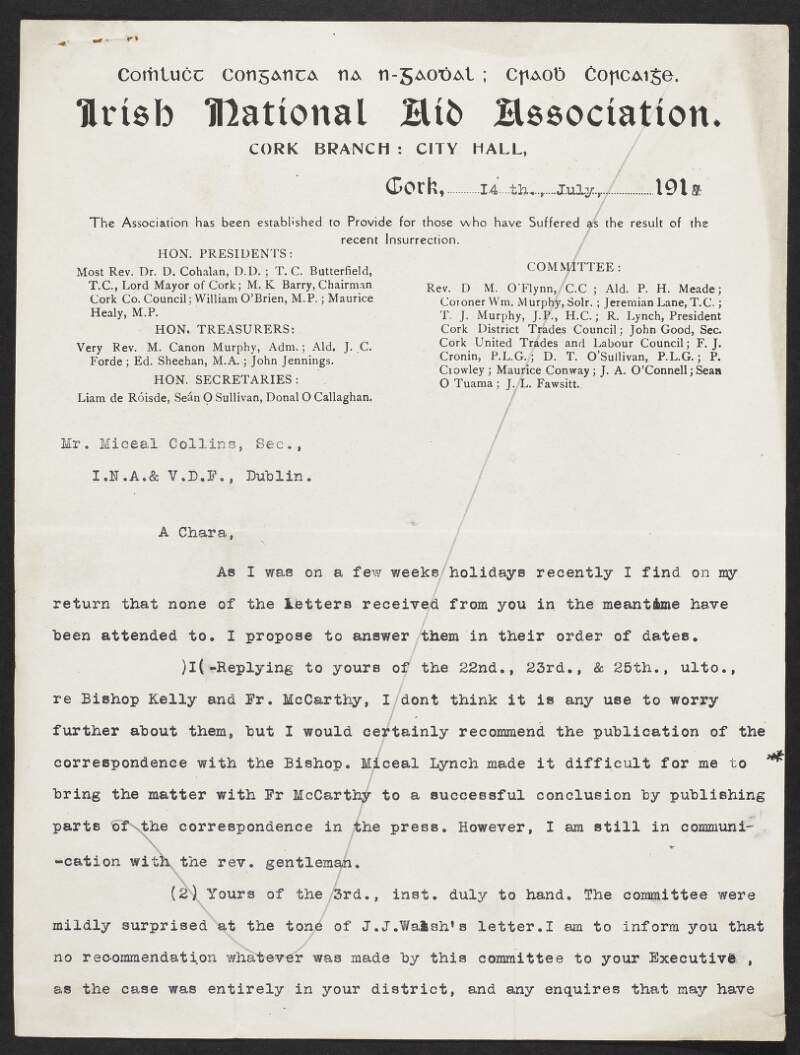 Letter from Tadg O'Shea, Cork branch, INAAVD, to Michael Collins, INAAVD, regarding claims from the Cork branch,