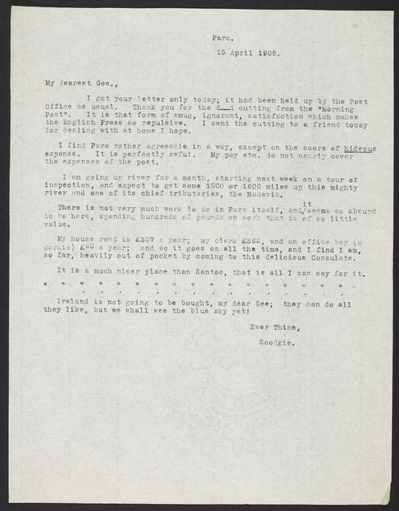 Copy letter from Roger Casement to Gertrude Bannister, thanking her for the press cuttting and compliments Para except for its costs,