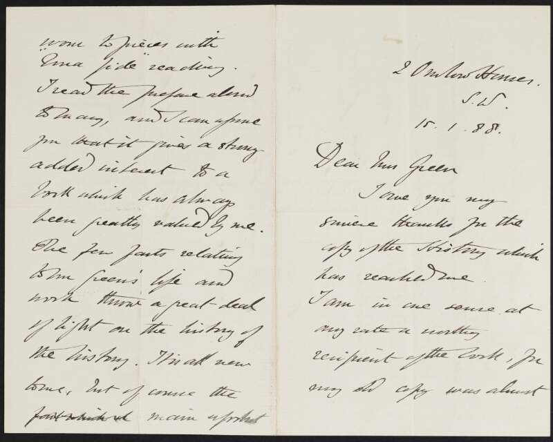 Letter from Hugh Oakeley Arnold-Foster to Alice Stopford Green regarding John Richard Green's work,