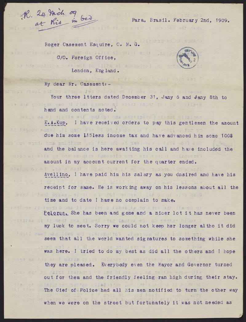 Letter from George Henry Pickerell to Roger Casement about expenses, the 'Perolus' (ship), his consulate work, the rubber industry and its potential shortage,