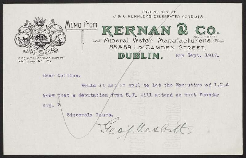 Letter from George Nesbitt to Michael Collins regarding the attendance of a deputation from Sinn Féin to the INAAVD,