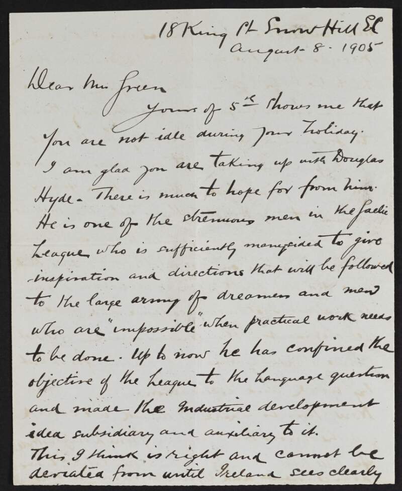 Letter from Michael John Fitzgerald McCarthy to Alice Stopford Green regarding Douglas Hyde, Ireland's future being secured through hard work and education and the possibility of a naval clash between America and Britain,