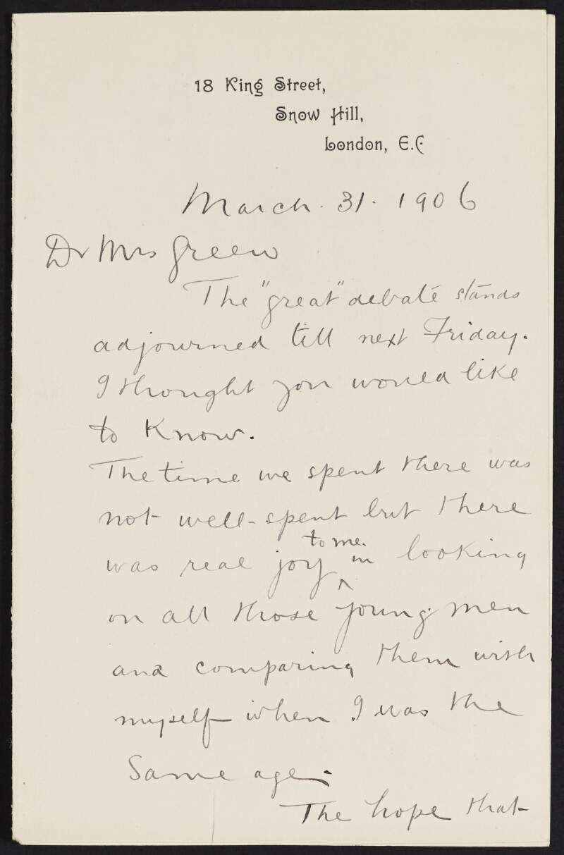 Letter from Michael J. F. McCarthy to Alice Stopford Green regarding a speech made at a debate by George Gavan Duffy,