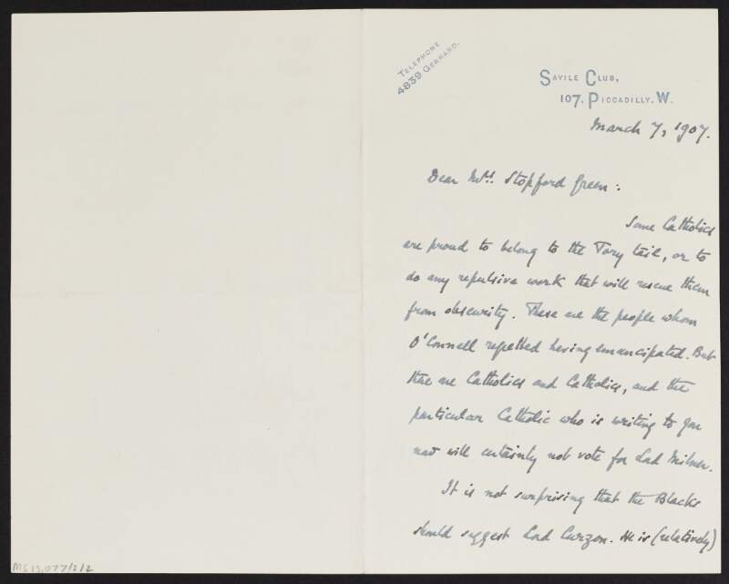 Letter from James Fitzmaurice-Kelly to Alice Stopford Green regarding an election between Lord's Curzon and Milner,