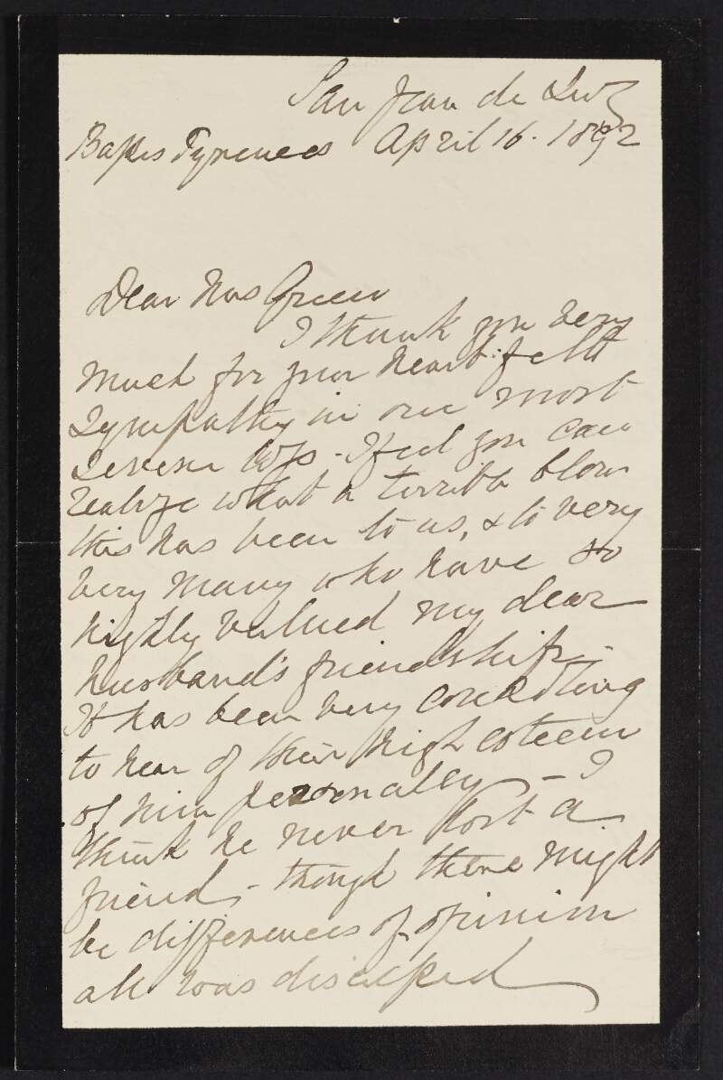 Letter from Eleanor Freeman to Alice Stopford Green regarding the death of Edward Augustus Freeman,