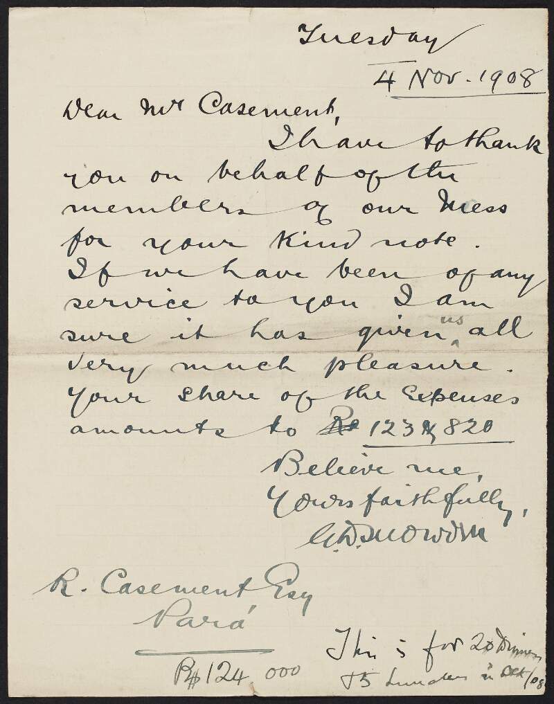 Letter from E. D. Snowdon to Roger Casement, thanking him for his kind note and informing him of his share of the expenses,