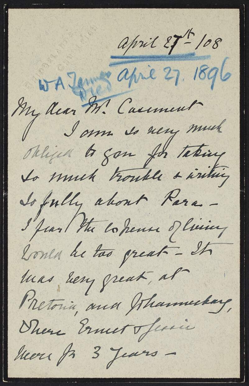Letter from Minnie Tanner to Roger Casement about his role in Para, her rheumatism and how it is "dear Willies" twelve year anniversary,