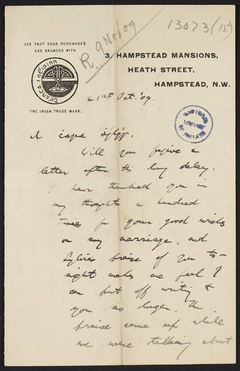 Letter from Riobárd Ua Fhlionn to Roger Casement about E. D. Morel's new book on the Congo and its implications towards Ireland's liberty, and discussing the benefits of the Gaelic League,