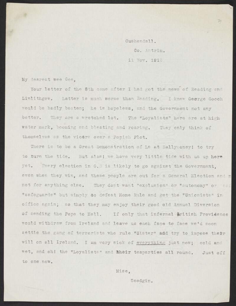 Copy letter from Roger Casement to Gertrude Bannister about the jubilation of the Ulster Unionists at the election defeat of George Gooch at Reading,