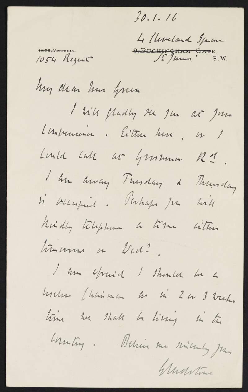 Letter from Herbert Gladstone to Alice Stopford Green regarding arranging a visit,