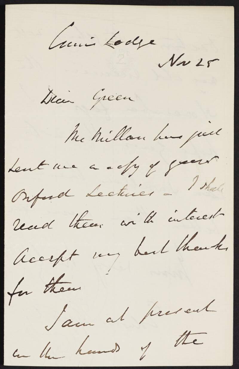 Letter from Edwin Guest to Alice Stopford Green regarding Green's Oxford lectures,