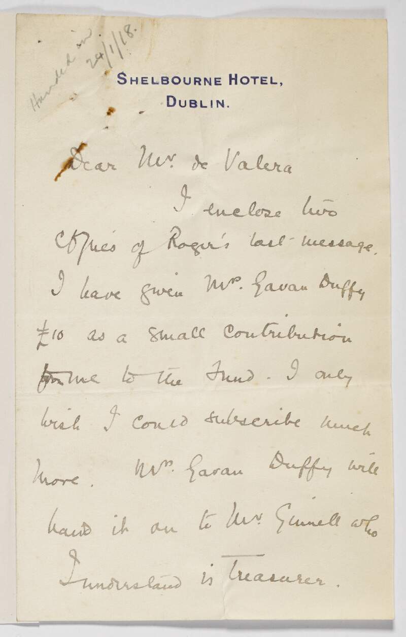 Letter from Gertrude Parry [Gertrude Bannister] to Éamon de Valera enclosing a copy of the last message written to Ireland by Roger Casement,