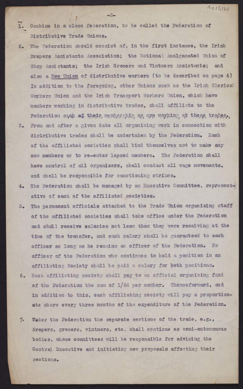 Memorandum by Irish Trade Union Congress regarding the formation of a union in the distributive trades,