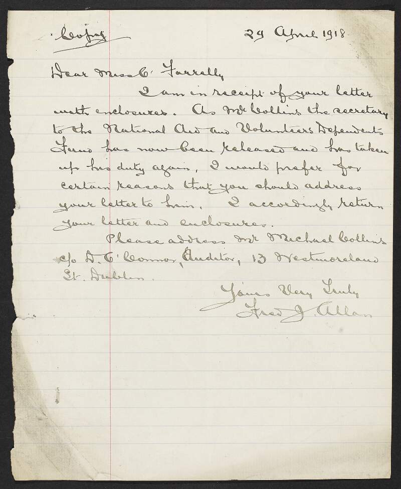 Letter from Frederick J. Allan, INAAVD to unidentified recipient regarding Michael Collins release, and requesting that she write to him, as he has resumed his duties as secretary of the INAAVD,