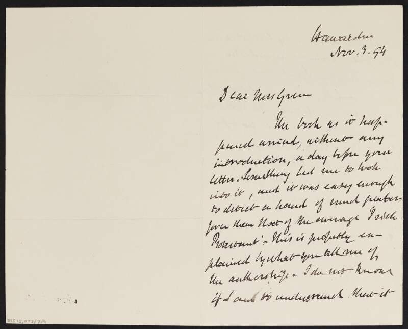 Letter from William Ewart Gladstone to Alice Stopford Green regarding her work 'Town Life in the Fifteenth Century',