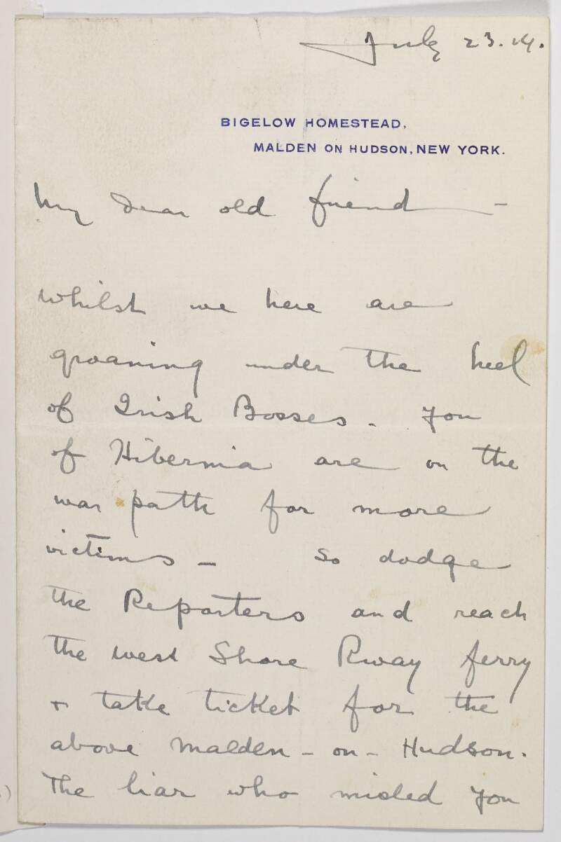 Letter from Poultney Bigelow to Roger Casement inviting him to stay with him and giving directions to his home,
