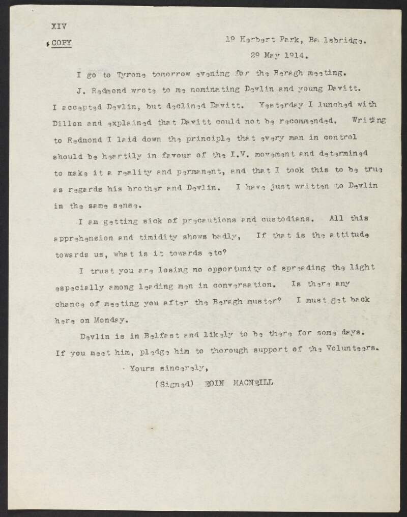 Copy letter from Eoin Mac Neill to Roger Casement about the nominations by John Redmond of members for the provisional committee of the Volunteers and his reactions,