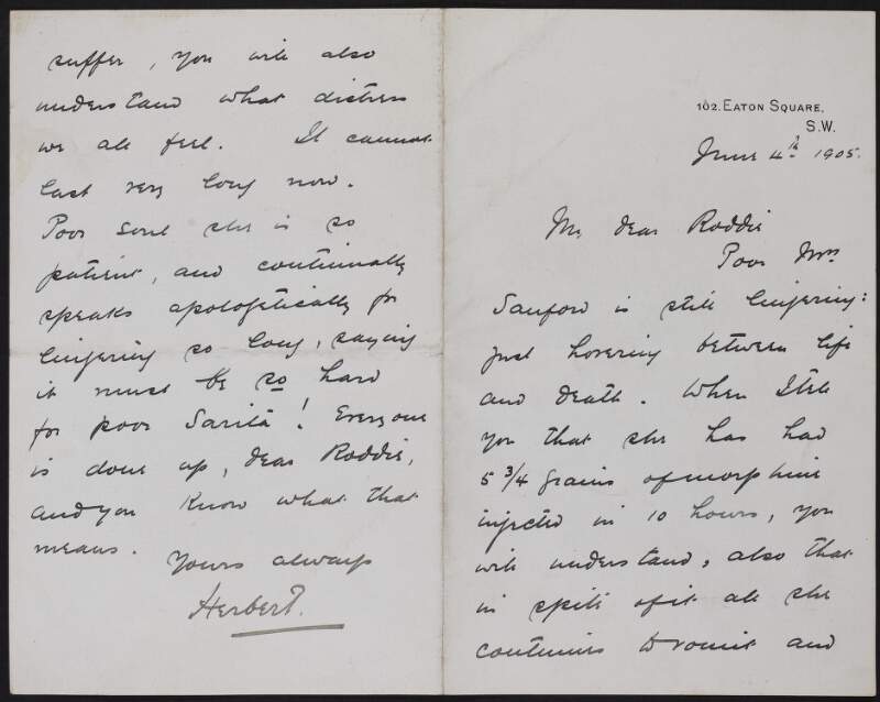 Letter from Herbert Ward to Roger Casement about the poor health of "Mrs Sanford" who is "between life and death",