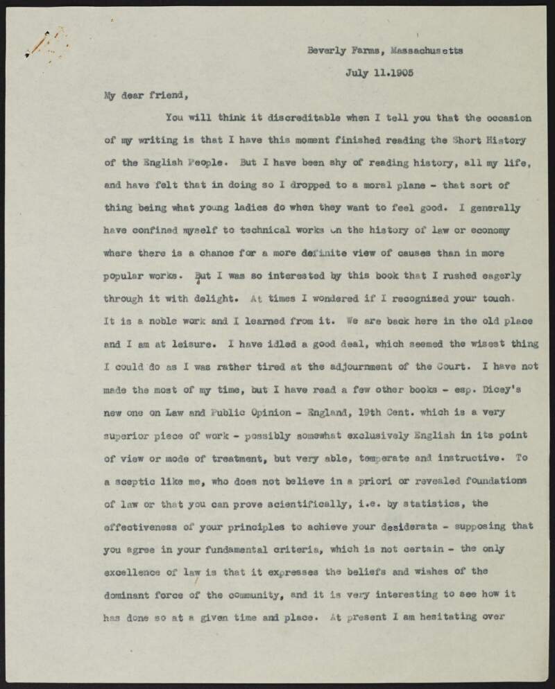 Letter from Oliver Wendell Holmes to Alice Stopford Green regarding 'A Short History of the English People',