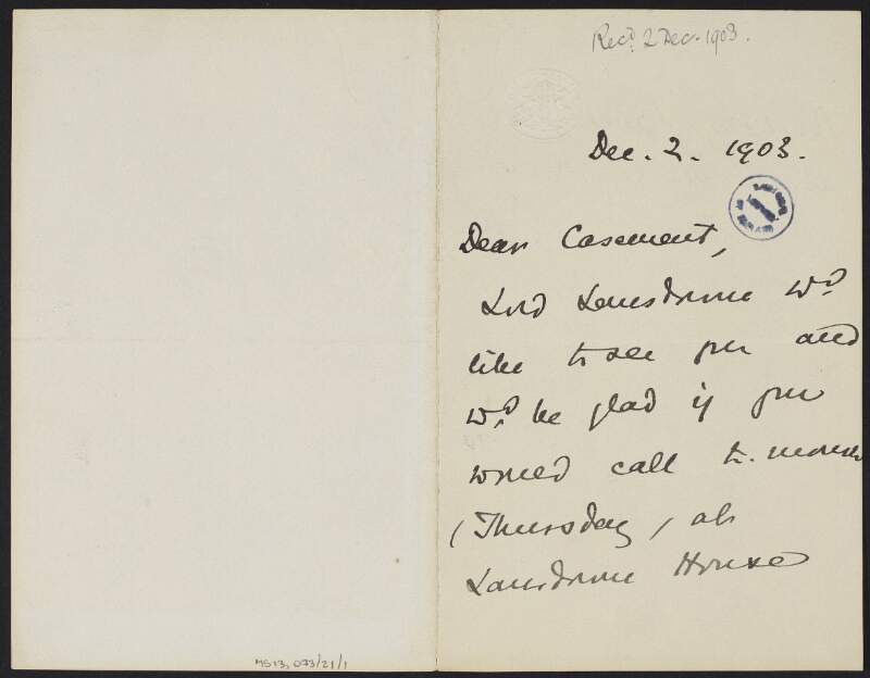 Letter from Sir Eric Barrington to Roger Casement, informing him Lord Lansdowne would like to meet with him,