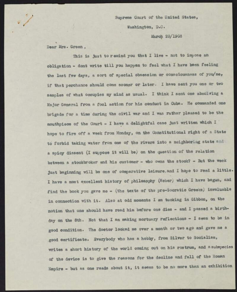 Letter from Oliver Wendell Holmes to Alice Stopford Green regarding Holmes' cases and philosophical beliefs,