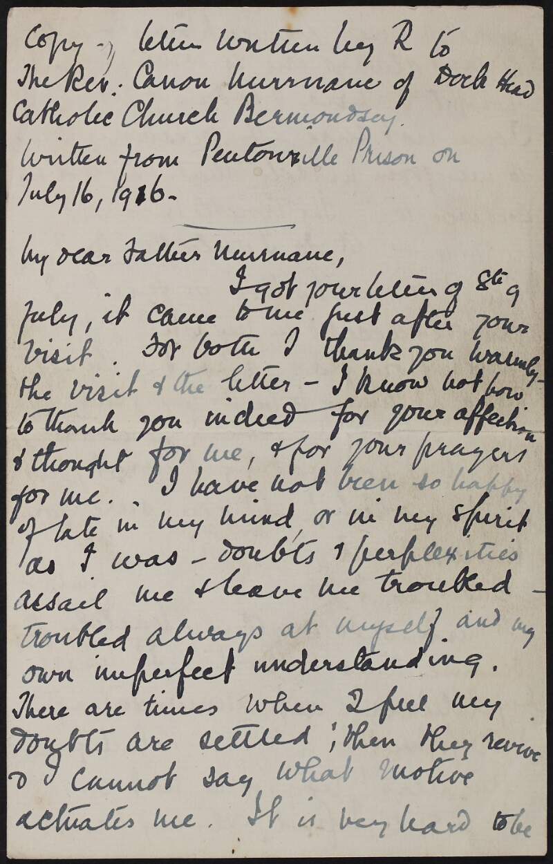 Copy letter from Roger Casement to Canon Eamon Murnane from Pentonville Prison, discussing his state of mind,